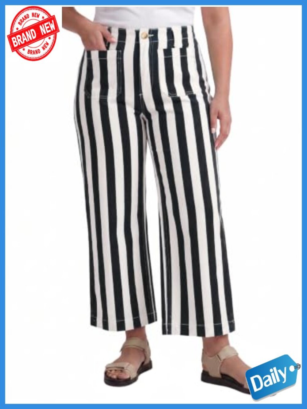 Plus Size Wide Leg Cropped Denim Jeans High Waist Striped Stretchy
